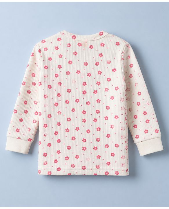Babyhug Cotton Mix Knit Front open Thermal Set With Floral Print - White