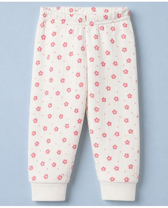 Babyhug Cotton Mix Knit Front open Thermal Set With Floral Print - White