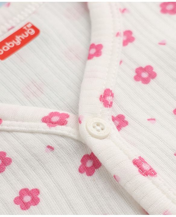 Babyhug Cotton Mix Knit Front open Thermal Set With Floral Print - White