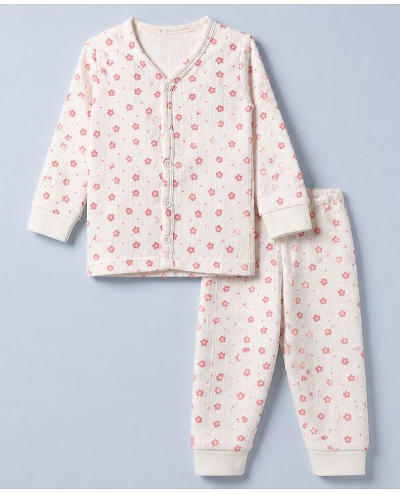 Babyhug Cotton Mix Knit Front open Thermal Set With Floral Print - White