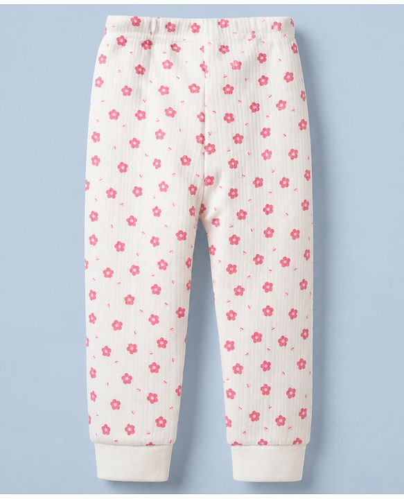Babyhug Cotton Mix Knit Front open Thermal Set With Floral Print - White