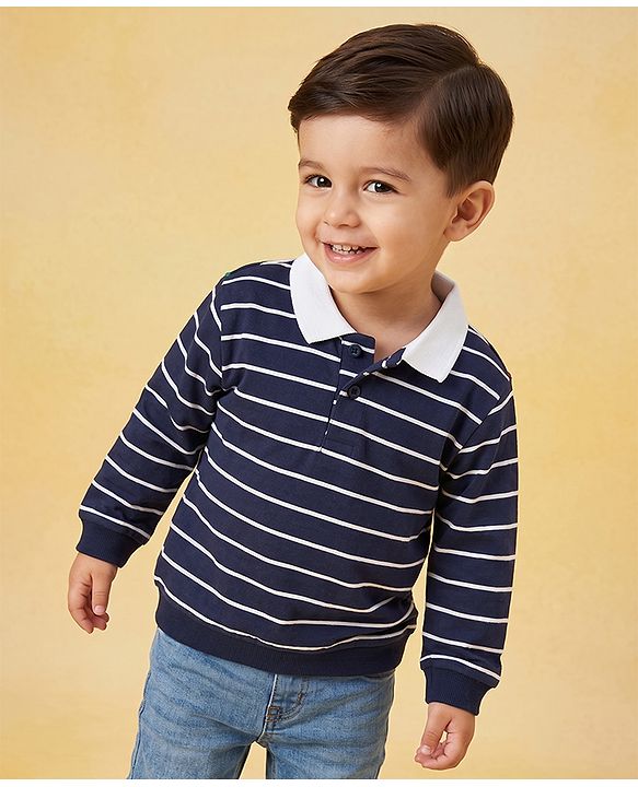 Babyhug Terry Knit Winter T-Shirt with Full Sleeves and Striped Print - Black