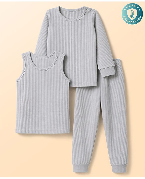 Babyhug Knit Full Sleeves Solid Pullover Vest & Pant Three Piece Thermal Inner Wear Set - Light Grey