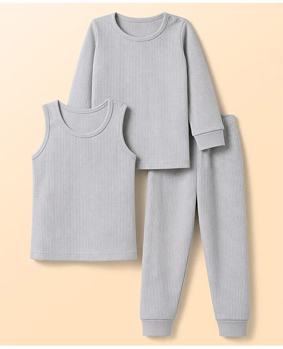 Babyhug Knit Full Sleeves Solid Pullover Vest & Pant Three Piece Thermal Inner Wear Set - Light Grey
