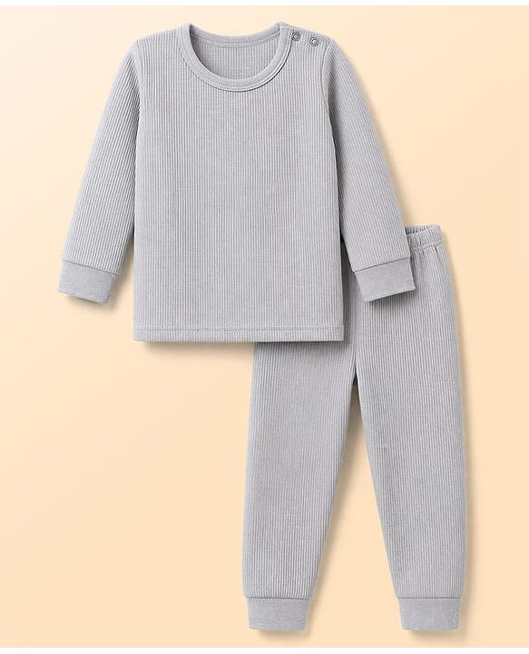 Babyhug Knit Full Sleeves Solid Pullover Vest & Pant Three Piece Thermal Inner Wear Set - Light Grey