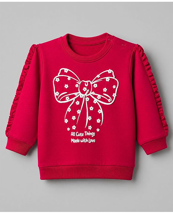 Babyhug Heavy Gauge Terry Knit Sweatshirt With Full Sleeves and Bow Print - Red