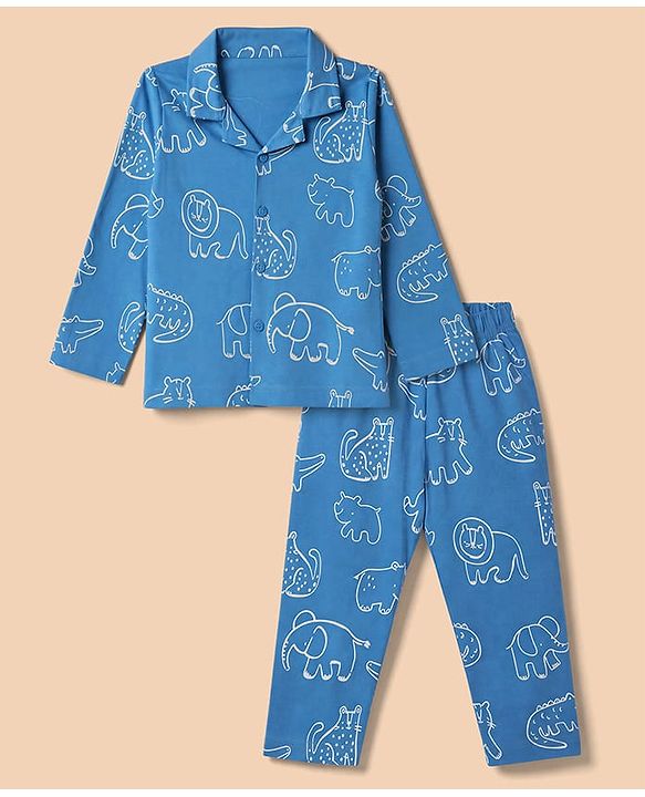 Babyhug 100% Cotton Knit Full Sleeves Co-Ords Shirt & Pyjama Night Suit with Animal Print - Blue