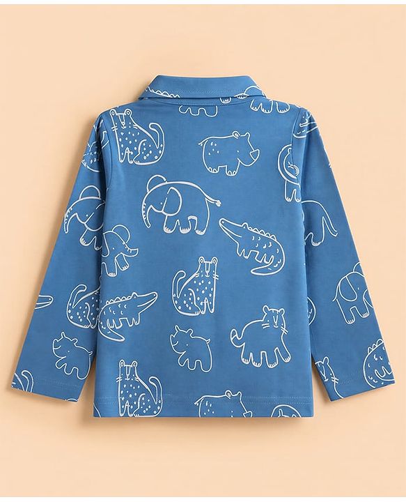 Babyhug 100% Cotton Knit Full Sleeves Co-Ords Shirt & Pyjama Night Suit with Animal Print - Blue