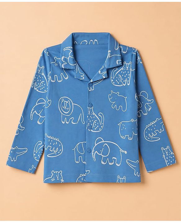 Babyhug 100% Cotton Knit Full Sleeves Co-Ords Shirt & Pyjama Night Suit with Animal Print - Blue