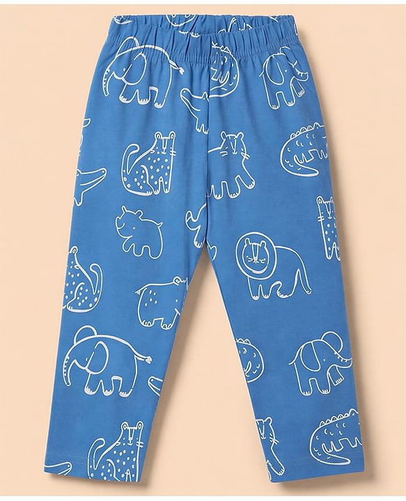 Babyhug 100% Cotton Knit Full Sleeves Co-Ords Shirt & Pyjama Night Suit with Animal Print - Blue
