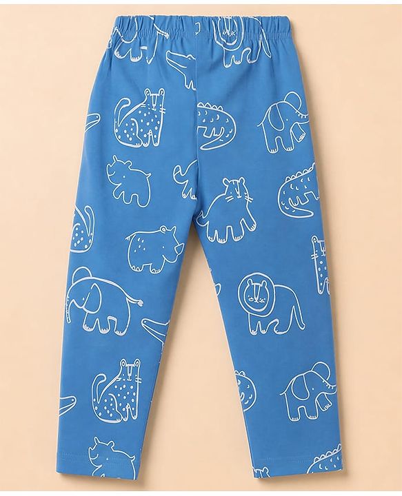 Babyhug 100% Cotton Knit Full Sleeves Co-Ords Shirt & Pyjama Night Suit with Animal Print - Blue