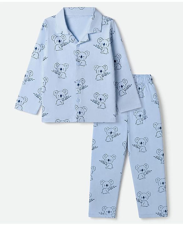 Babyhug 100% Cotton Knit Full Sleeves Co-Ords Shirt & Pyjama Night Suit with Koala Print - Light blue
