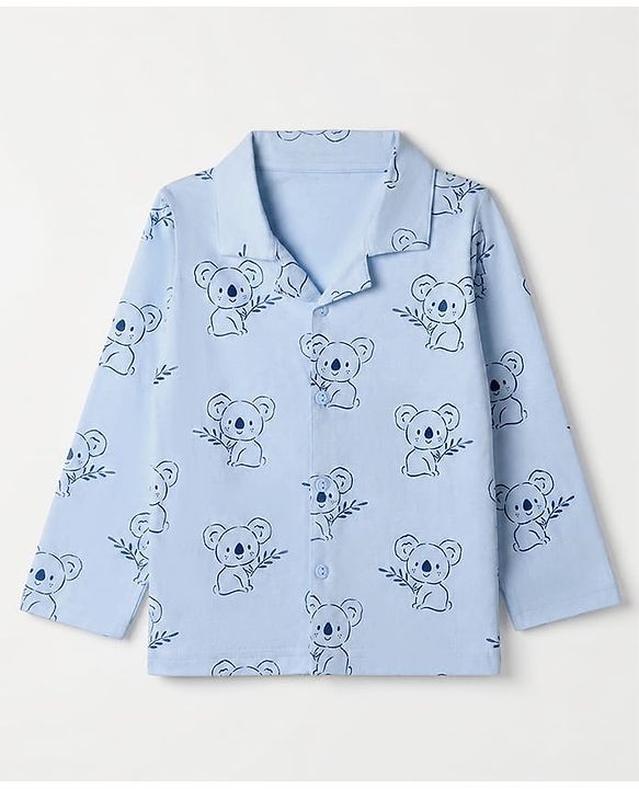 Babyhug 100% Cotton Knit Full Sleeves Co-Ords Shirt & Pyjama Night Suit with Koala Print - Light blue