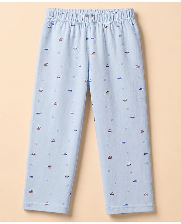 Babyhug Velour Knit Full Sleeves Front Open Woven Co-ord Shirt & Pajama Night Suit with Boat & Fish Print - Light Blue