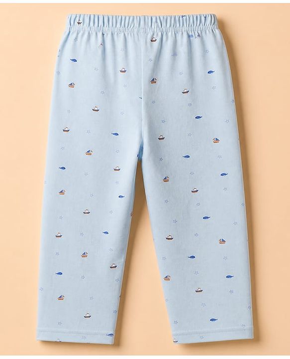 Babyhug Velour Knit Full Sleeves Front Open Woven Co-ord Shirt & Pajama Night Suit with Boat & Fish Print - Light Blue