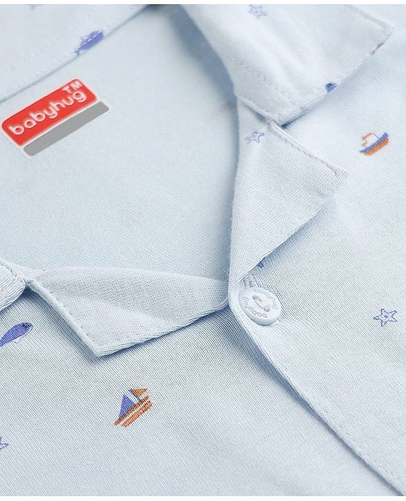 Babyhug Velour Knit Full Sleeves Front Open Woven Co-ord Shirt & Pajama Night Suit with Boat & Fish Print - Light Blue
