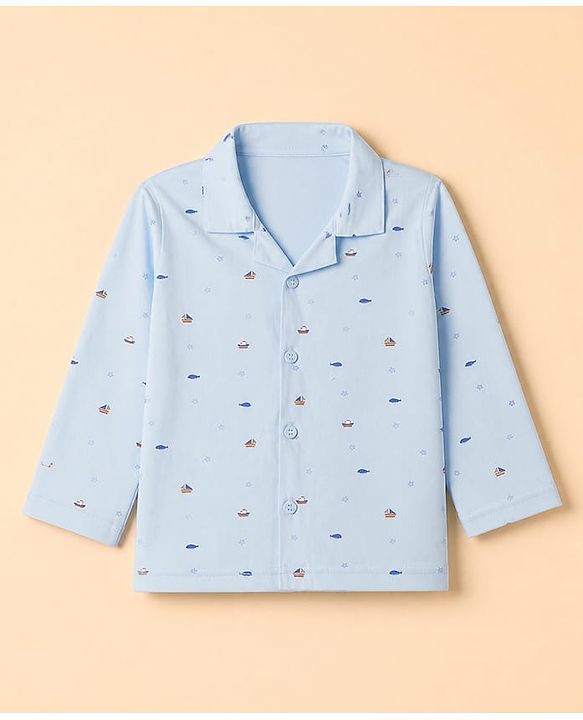 Babyhug Velour Knit Full Sleeves Front Open Woven Co-ord Shirt & Pajama Night Suit with Boat & Fish Print - Light Blue