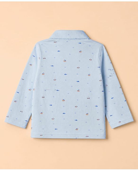 Babyhug Velour Knit Full Sleeves Front Open Woven Co-ord Shirt & Pajama Night Suit with Boat & Fish Print - Light Blue