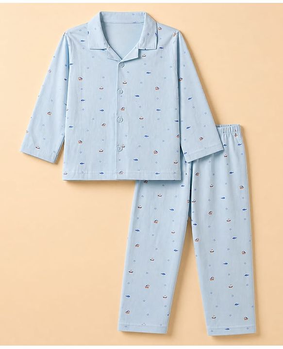 Babyhug Velour Knit Full Sleeves Front Open Woven Co-ord Shirt & Pajama Night Suit with Boat & Fish Print - Light Blue
