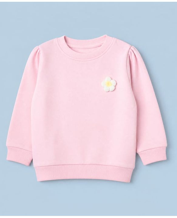 Babyhug 100% Cotton Heavy Gauge Warm Fleece Full Sleeves Sweatshirt With Puffed Sleeves And Flower Applique - Baby Pink