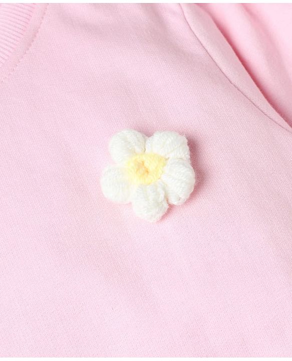 Babyhug 100% Cotton Heavy Gauge Warm Fleece Full Sleeves Sweatshirt With Puffed Sleeves And Flower Applique - Baby Pink