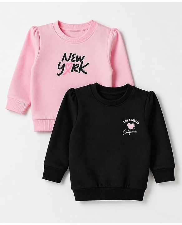 Babyhug Heavy Gauge 100% Cotton Terry Knit Full Sleeves Sweatshirt With Text Print Pack of 2 - Pink & Black