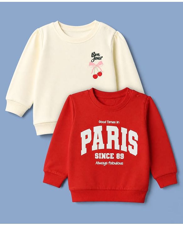 Babyhug Heavy Gauge Terry Knit Sweatshirt with Full Sleeves and Cherries Print Pack of 2 - Red & Cream