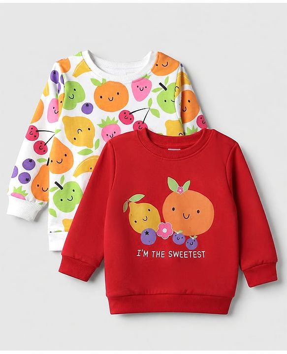 Babyhug 100% Cotton Terry Full Sleeves Sweatshirts With Fruits Print Pack of 2 - White & Red