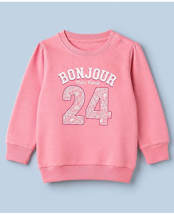 Babyhug 100% Cotton Fleece Knit Full Sleeves Heavy Gauge Sweatshirts With Amour C'Est La Vie Bow Print Pack Of 2 - Pink & Peach