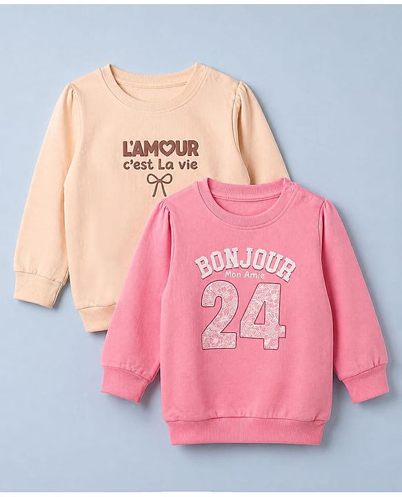 Babyhug 100% Cotton Fleece Knit Full Sleeves Heavy Gauge Sweatshirts With Amour C'Est La Vie Bow Print Pack Of 2 - Pink & Peach