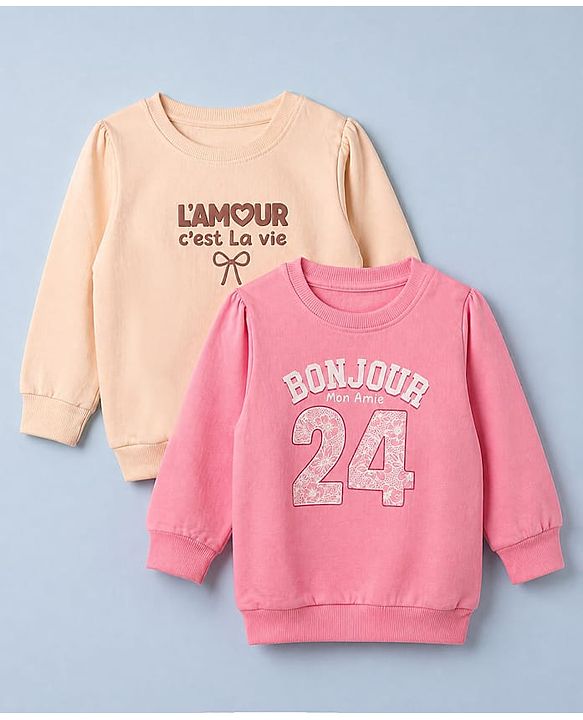 Babyhug 100% Cotton Fleece Knit Full Sleeves Heavy Gauge Sweatshirts With Amour C'Est La Vie Bow Print Pack Of 2 - Pink & Peach