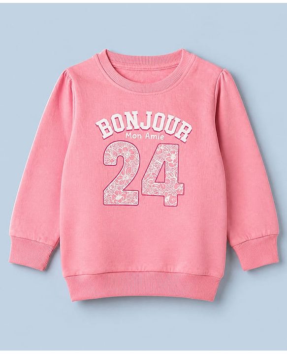 Babyhug 100% Cotton Fleece Knit Full Sleeves Heavy Gauge Sweatshirts With Amour C'Est La Vie Bow Print Pack Of 2 - Pink & Peach