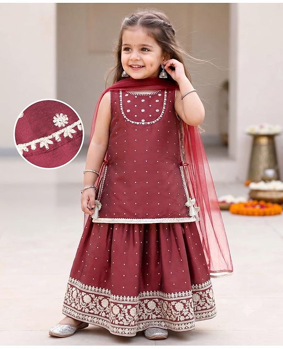 Babyhug Chiffon Woven Sleeveless Chinnon Foil Printed Choli & Lehenga Set With Dupatta Set - Maroon