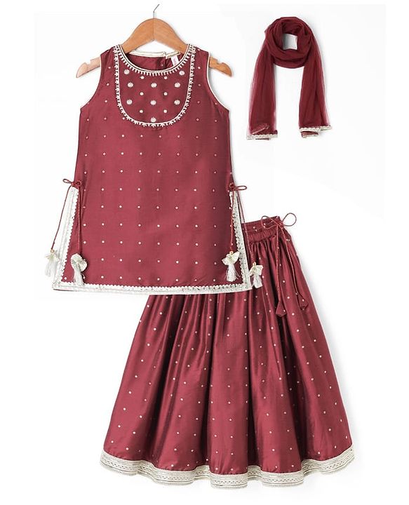 Babyhug Chiffon Woven Sleeveless Chinnon Foil Printed Choli & Lehenga Set With Dupatta Set - Maroon