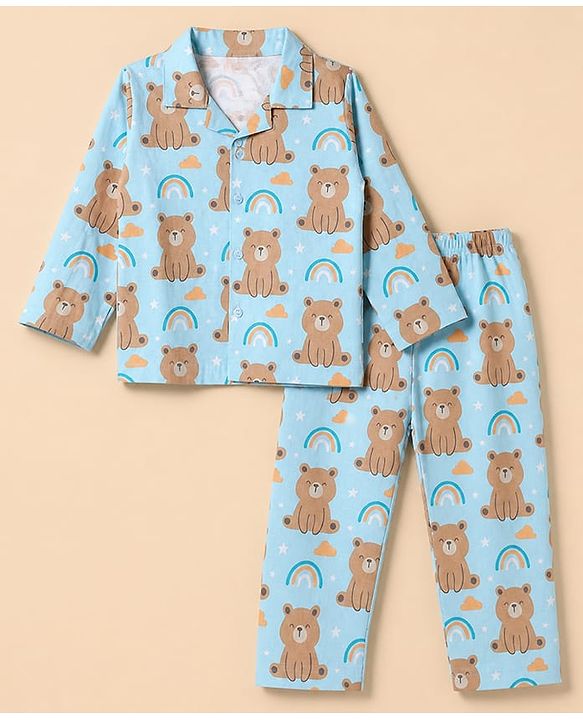 Babyhug Cotton Knit Front Open Full Sleeves Pyjama Co-Ords Set With Bear Print - Blue