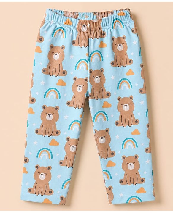 Babyhug Cotton Knit Front Open Full Sleeves Pyjama Co-Ords Set With Bear Print - Blue