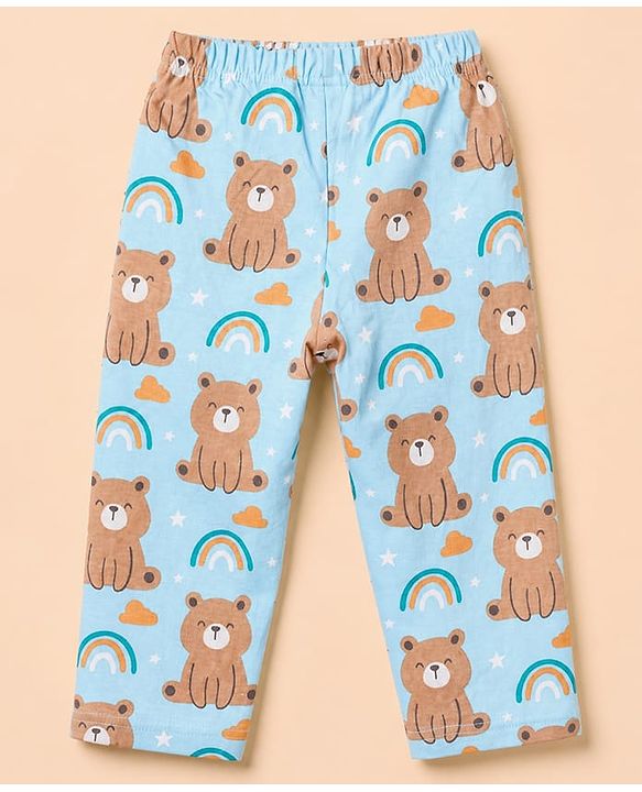 Babyhug Cotton Knit Front Open Full Sleeves Pyjama Co-Ords Set With Bear Print - Blue