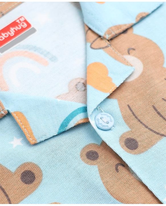 Babyhug Cotton Knit Front Open Full Sleeves Pyjama Co-Ords Set With Bear Print - Blue