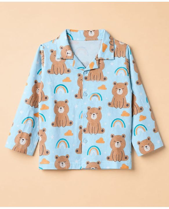 Babyhug Cotton Knit Front Open Full Sleeves Pyjama Co-Ords Set With Bear Print - Blue