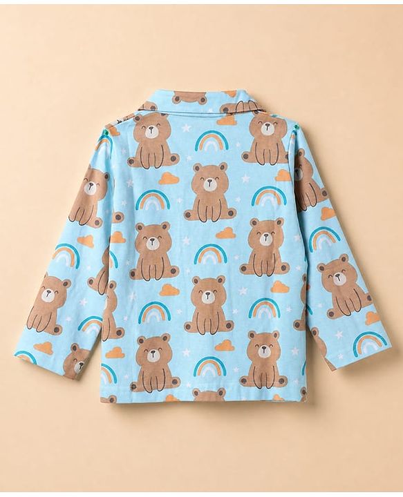 Babyhug Cotton Knit Front Open Full Sleeves Pyjama Co-Ords Set With Bear Print - Blue