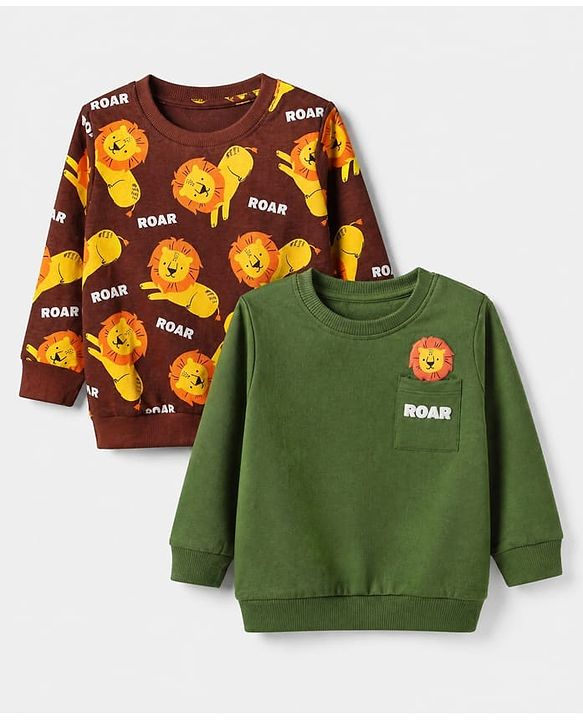 Babyhug Heavy Gauge 100% Cotton Terry Knit Sweatshirt With Animal & Text Print Pack of 2 - Olive Green