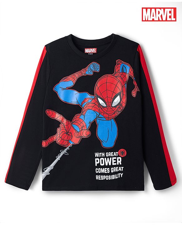 Pine Kids Marvel Single Jersey Knit T-Shirt with Full Sleeves and Spider Man Print - Black