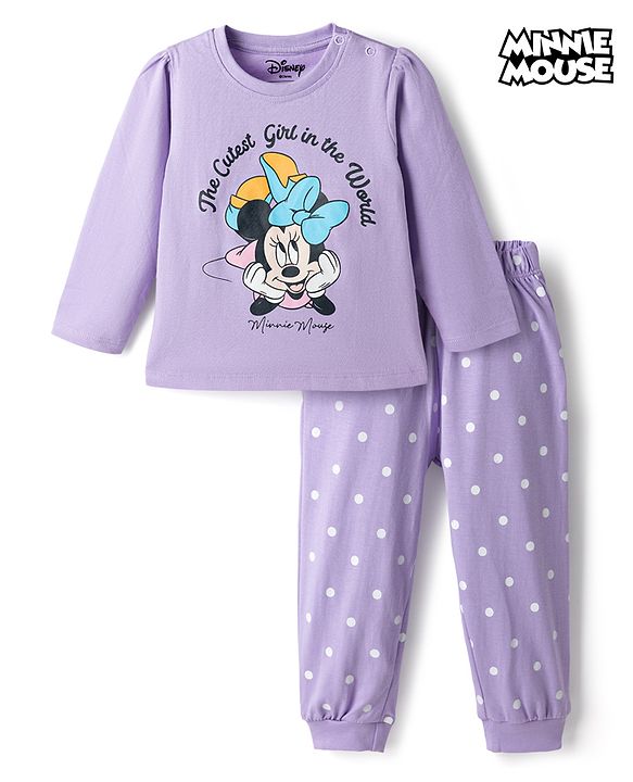 Babyhug Disney Single Jersey Knit Full Sleeves T-Shirt & Pyjama Night Suit Set With Minnie Mouse Graphic Text & Polka Dot Print - Lavender