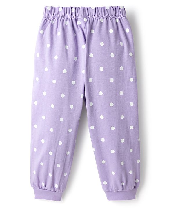 Babyhug Disney Single Jersey Knit Full Sleeves T-Shirt & Pyjama Night Suit Set With Minnie Mouse Graphic Text & Polka Dot Print - Lavender