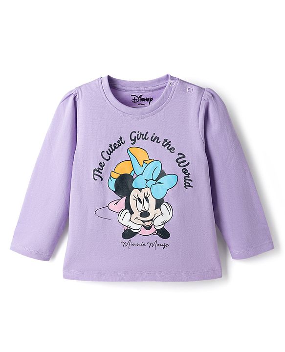 Babyhug Disney Single Jersey Knit Full Sleeves T-Shirt & Pyjama Night Suit Set With Minnie Mouse Graphic Text & Polka Dot Print - Lavender