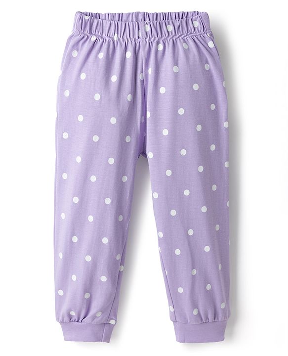 Babyhug Disney Single Jersey Knit Full Sleeves T-Shirt & Pyjama Night Suit Set With Minnie Mouse Graphic Text & Polka Dot Print - Lavender