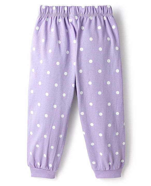 Babyhug Disney Single Jersey Knit Full Sleeves T-Shirt & Pyjama Night Suit Set With Minnie Mouse Graphic Text & Polka Dot Print - Lavender
