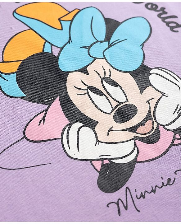 Babyhug Disney Single Jersey Knit Full Sleeves T-Shirt & Pyjama Night Suit Set With Minnie Mouse Graphic Text & Polka Dot Print - Lavender