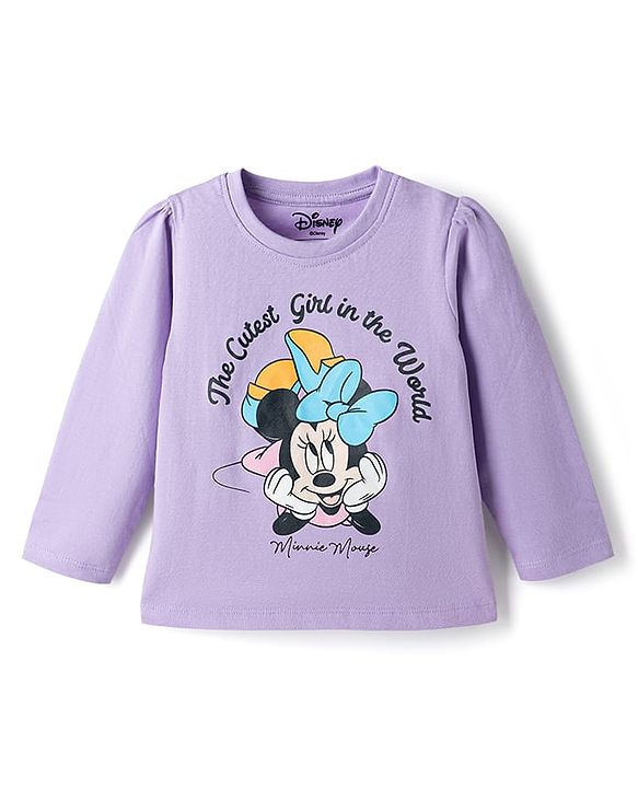 Babyhug Disney Single Jersey Knit Full Sleeves T-Shirt & Pyjama Night Suit Set With Minnie Mouse Graphic Text & Polka Dot Print - Lavender
