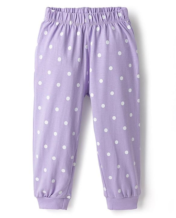 Babyhug Disney Single Jersey Knit Full Sleeves T-Shirt & Pyjama Night Suit Set With Minnie Mouse Graphic Text & Polka Dot Print - Lavender